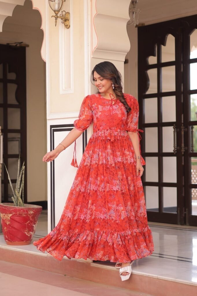 Red Color Flower Print Gown - Photo 6