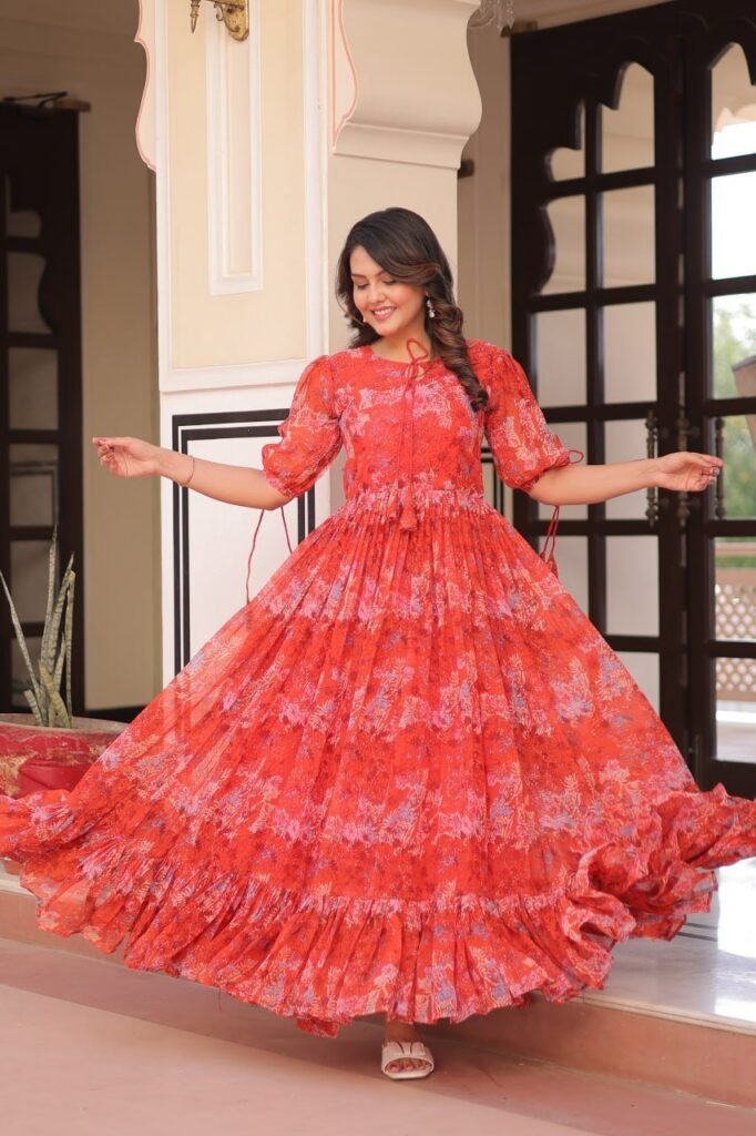 Red Color Flower Print Gown - Photo 2