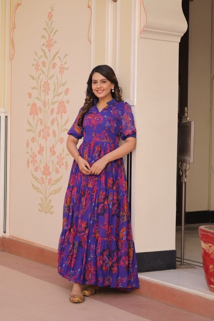 Blue Color Georgette With Print Gown - Photo 2