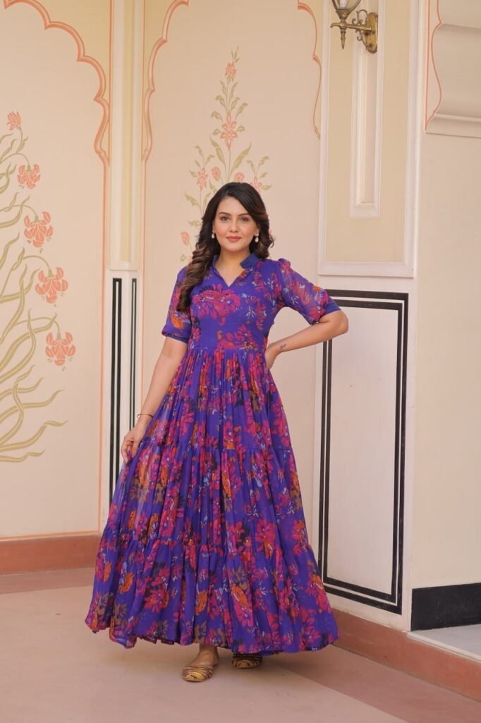 Blue Color Georgette With Print Gown - Photo 3