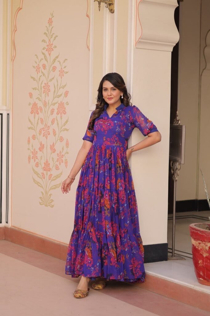 Blue Color Georgette With Print Gown - Photo 5