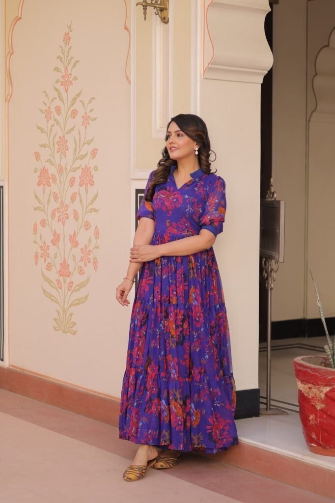 Blue Color Georgette With Print Gown - Photo 4