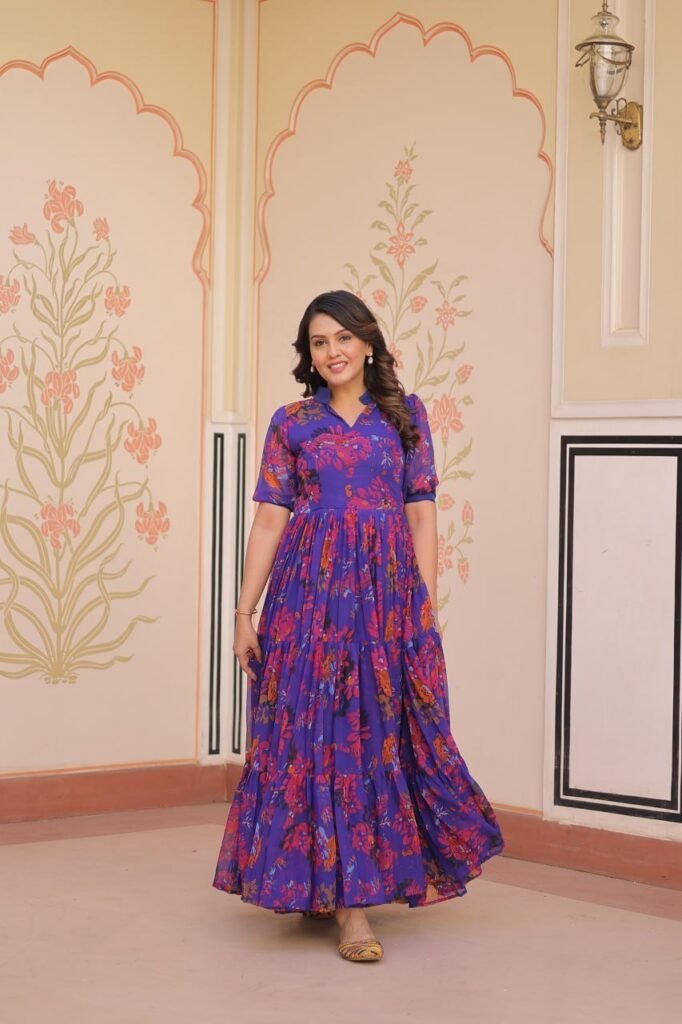 Blue Color Georgette With Print Gown - Photo 1