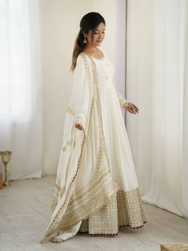 White Color Thread Work Gown - Photo 2