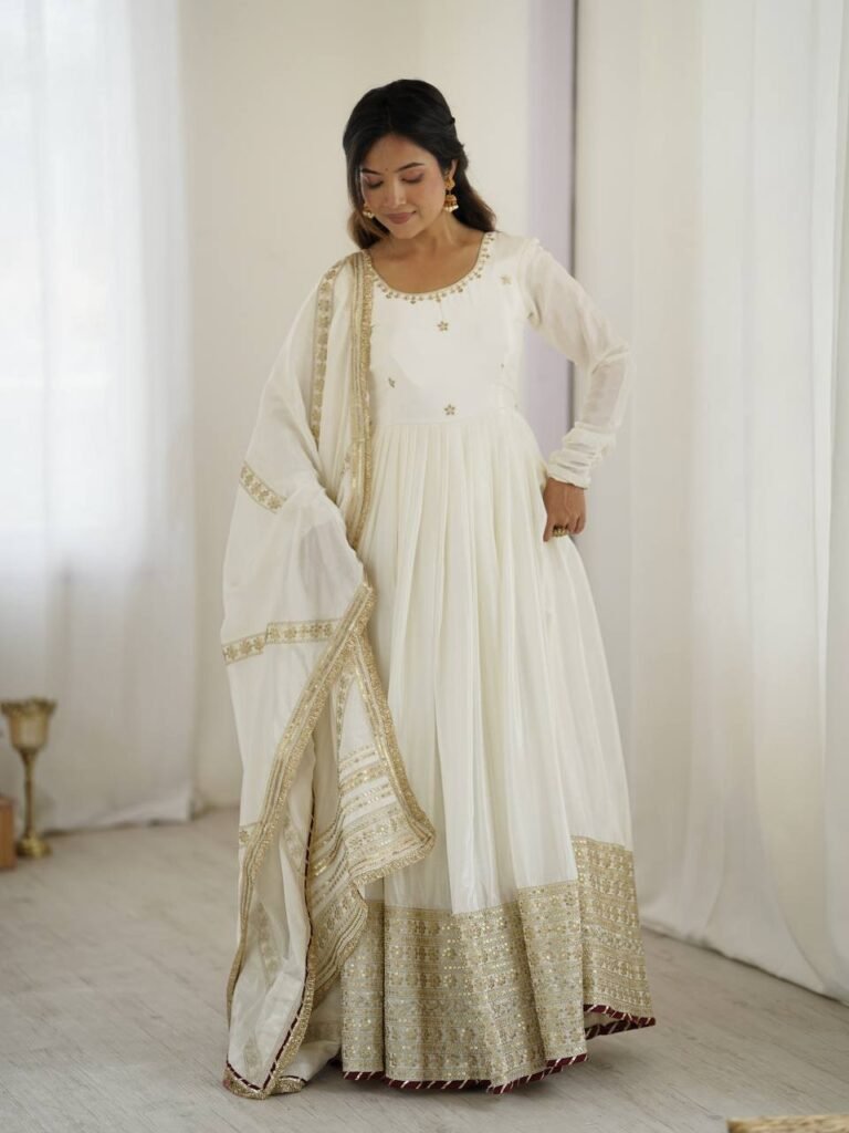 White Color Thread Work Gown - Photo 3