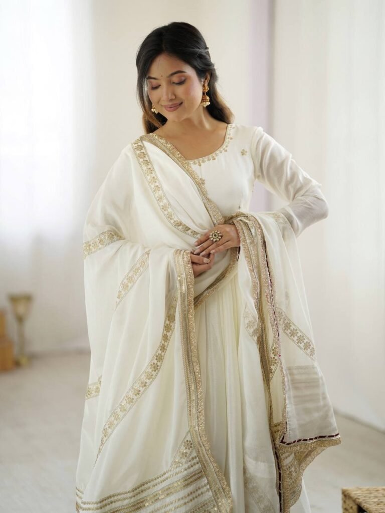 White Color Thread Work Gown - Photo 4