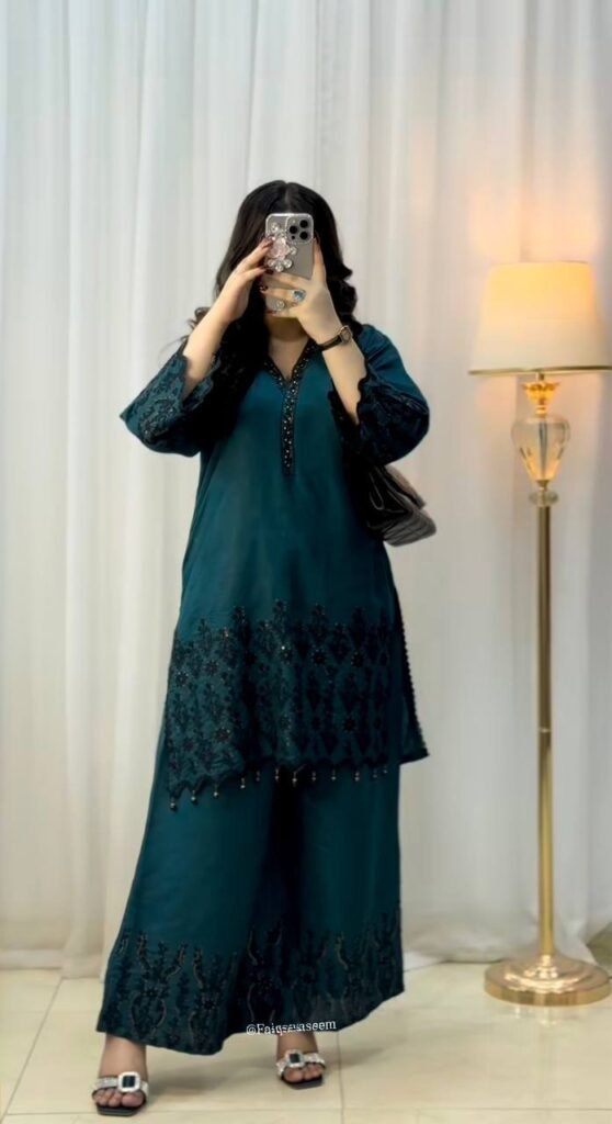 Teal Blue Embroidery Sequence Work Palazzo Set - Photo 2