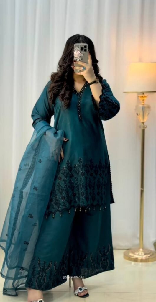 Teal Blue Embroidery Sequence Work Palazzo Set - Photo 3