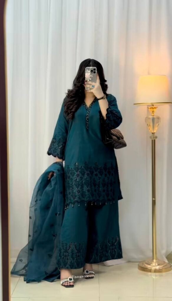 Teal Blue Embroidery Sequence Work Palazzo Set - Photo 4