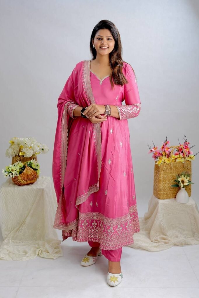 Pink Color Embroidery Work Designer Gown - Photo 1
