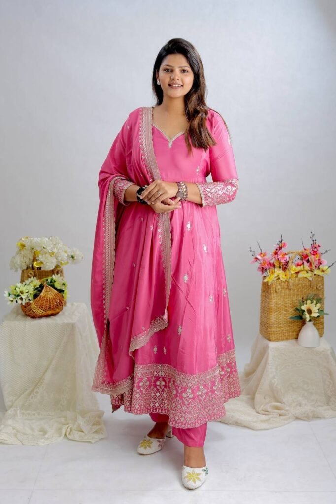 Pink Color Embroidery Work Designer Gown - Photo 3