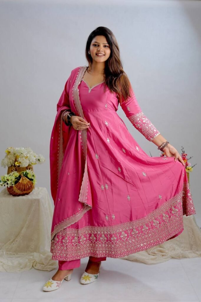 Pink Color Embroidery Work Designer Gown - Photo 4