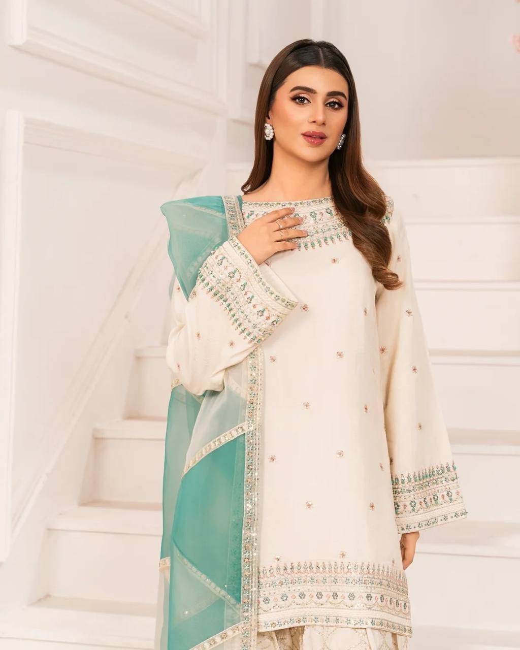 White Color Sequence Work Palazzo Suit - Image 3