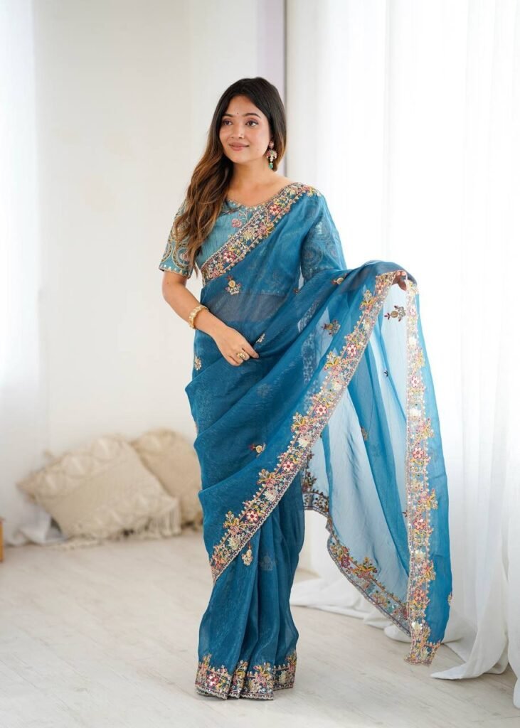 Sky Blue Color Thread Embroidered Silk Saree - Photo 3