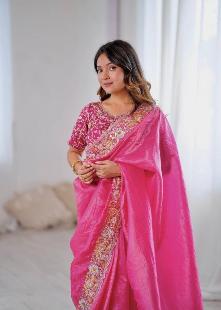 Pink Color Gold Crush Beautiful Embroidered Saree