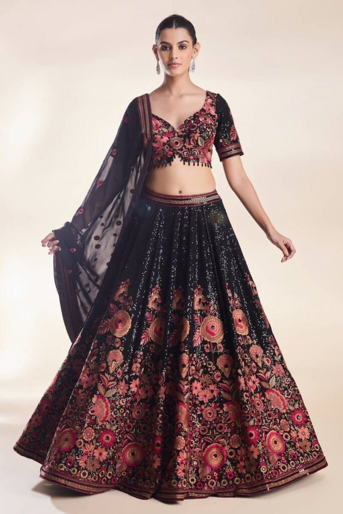Black Color Faux Georgette Flared Lehenga Choli - Photo 2