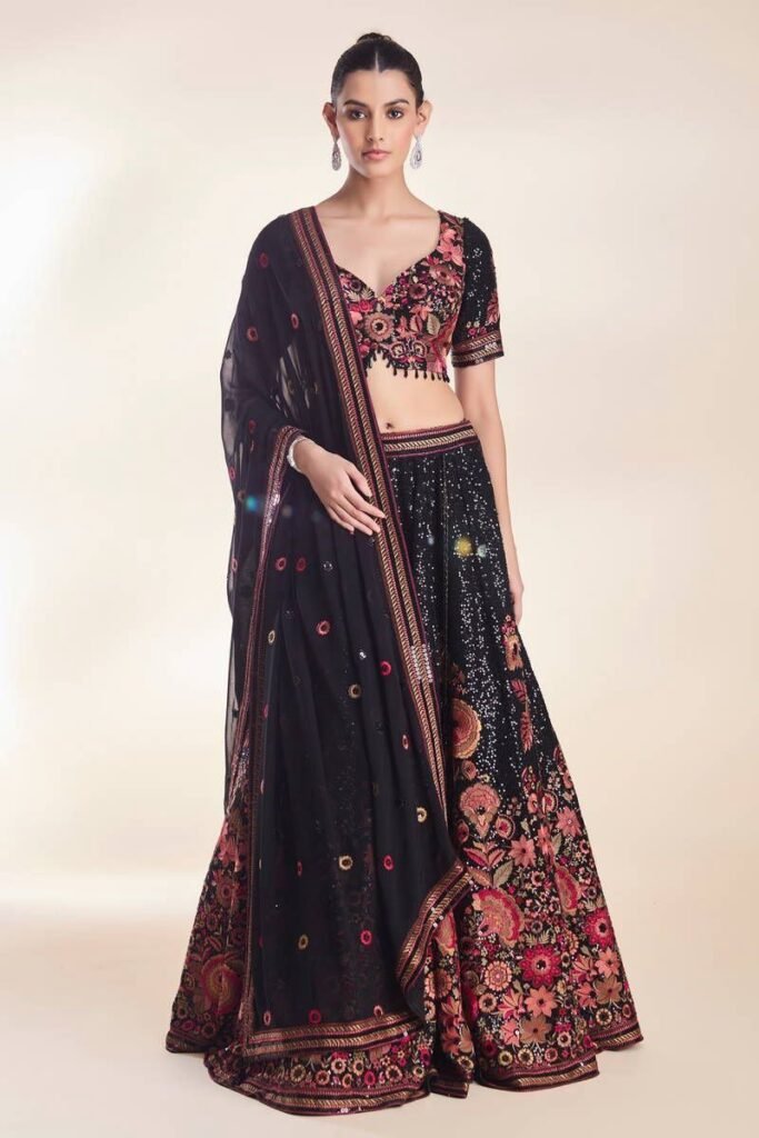Black Color Faux Georgette Flared Lehenga Choli - Photo 4
