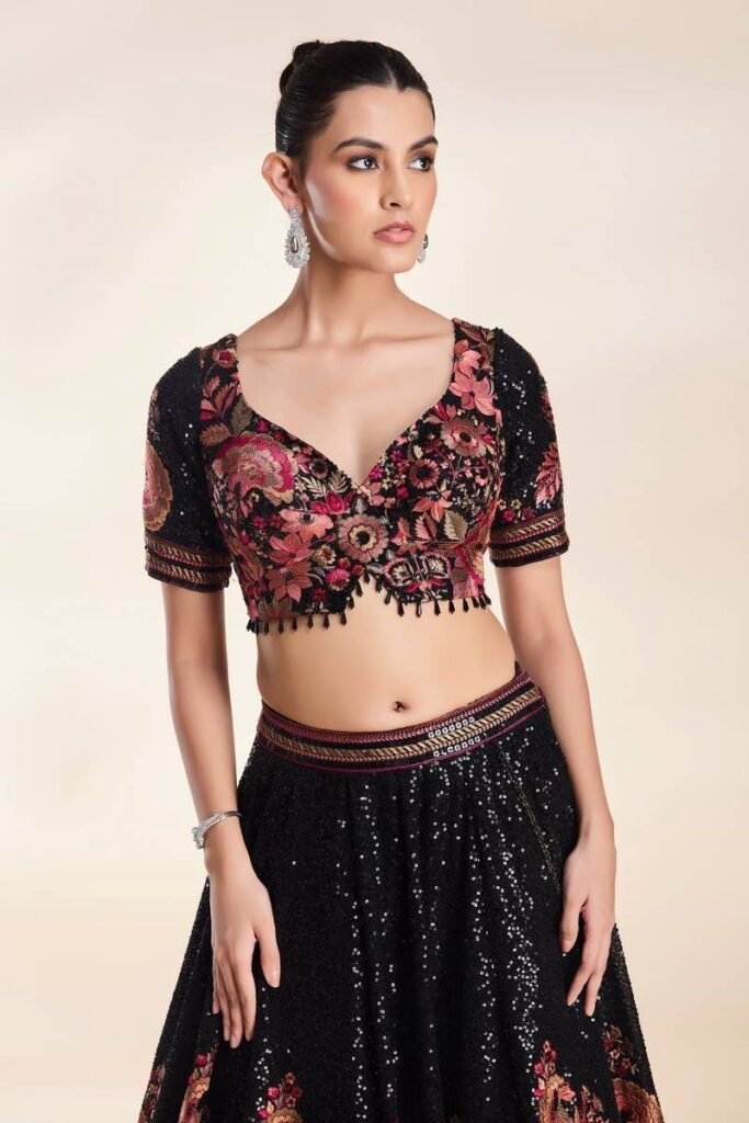 Black Color Faux Georgette Flared Lehenga Choli - Photo 1