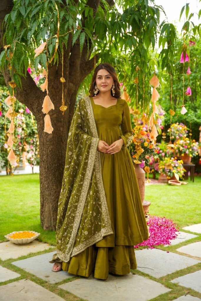 Mehndi Color Chiffon With Embroidery Sequence Work Gown - Photo 2