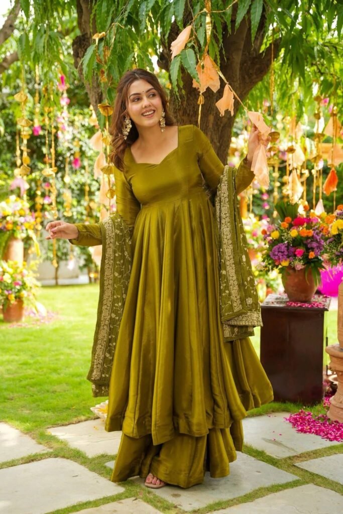 Mehndi Color Chiffon With Embroidery Sequence Work Gown - Photo 3