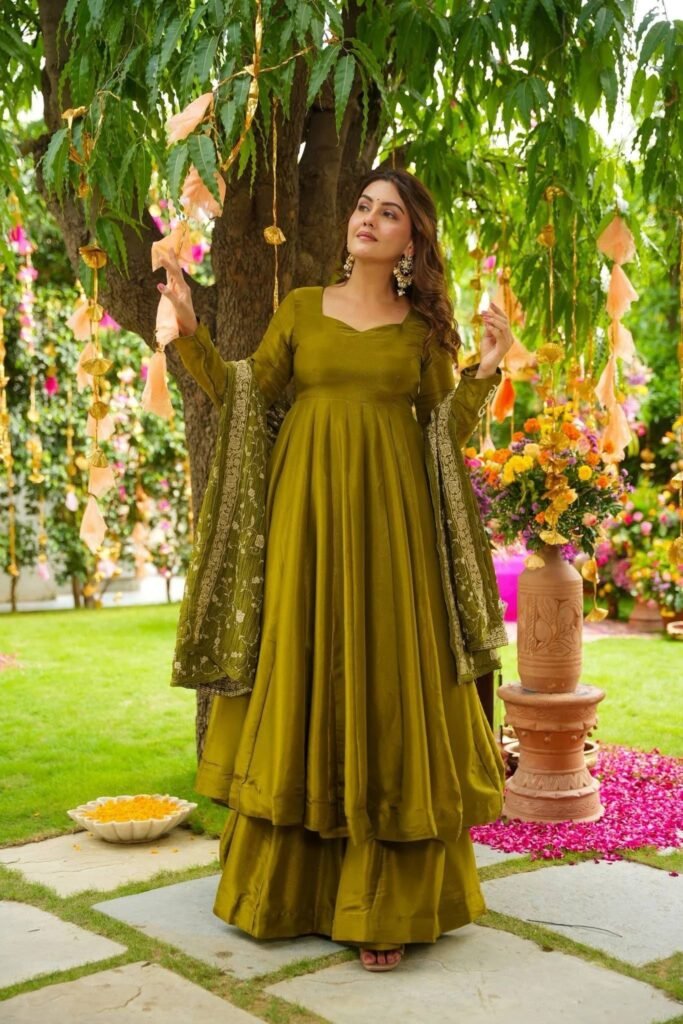 Mehndi Color Chiffon With Embroidery Sequence Work Gown - Photo 4