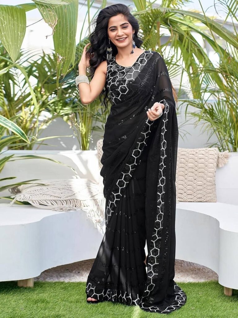 Embroidery With Sequence Work Black Color Saree - Photo 3