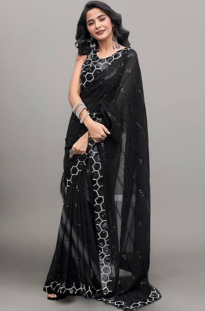 Embroidery With Sequence Work Black Color Saree - Photo 5