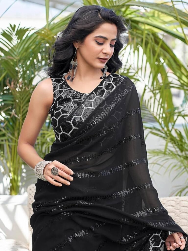 Embroidery With Sequence Work Black Color Saree
