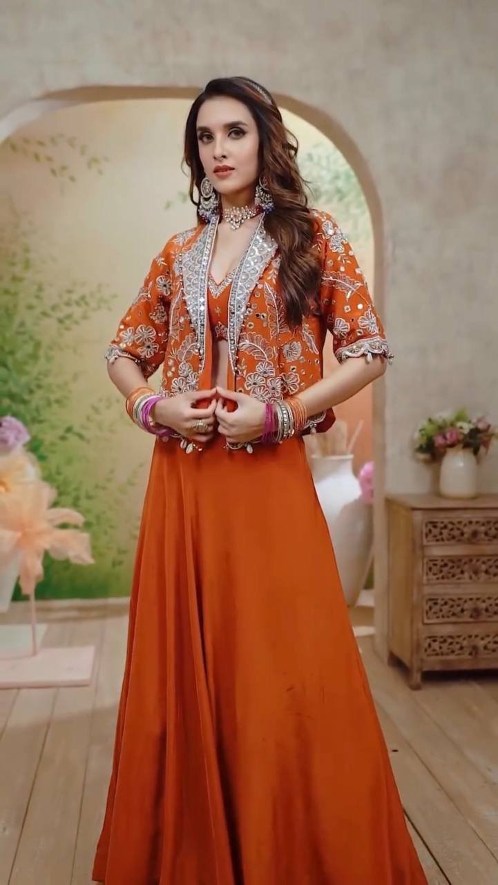 Orange Rangoli Silk Lehenga Choli with Traditional Koti - Image 2