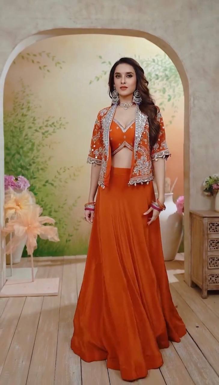 Orange Rangoli Silk Lehenga Choli with Traditional Koti