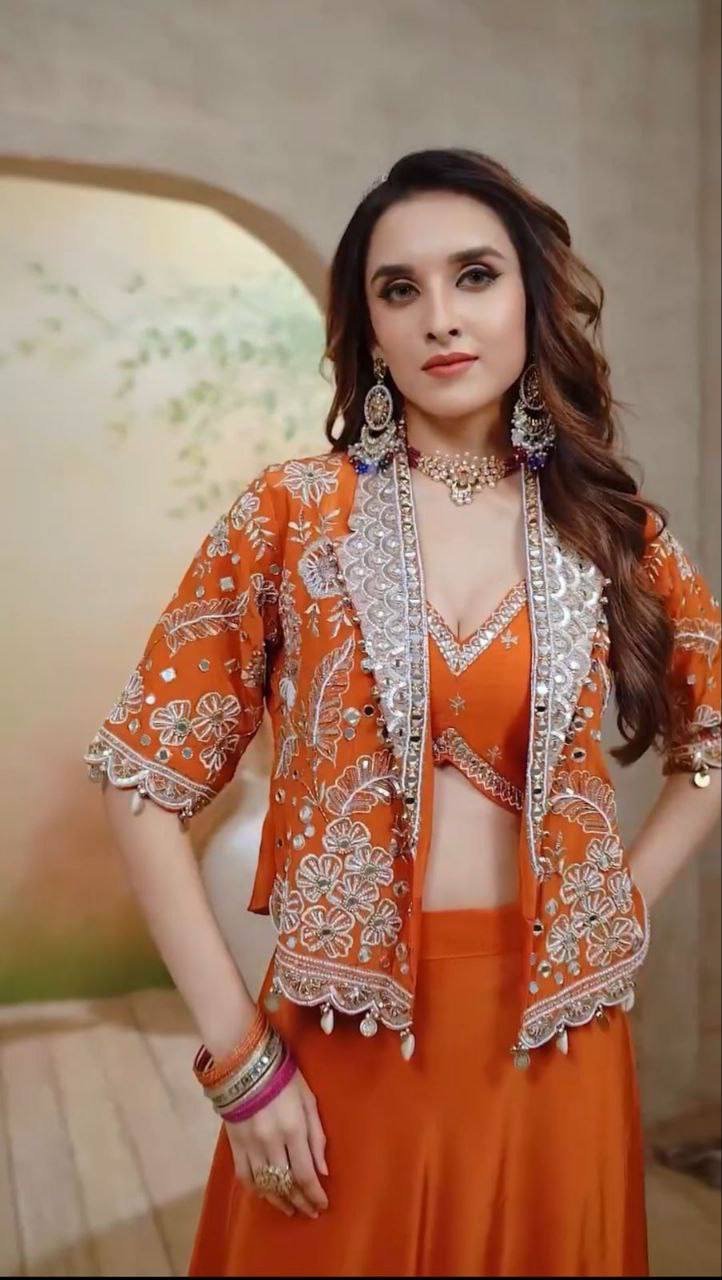 Orange Rangoli Silk Lehenga Choli with Traditional Koti - Image 4