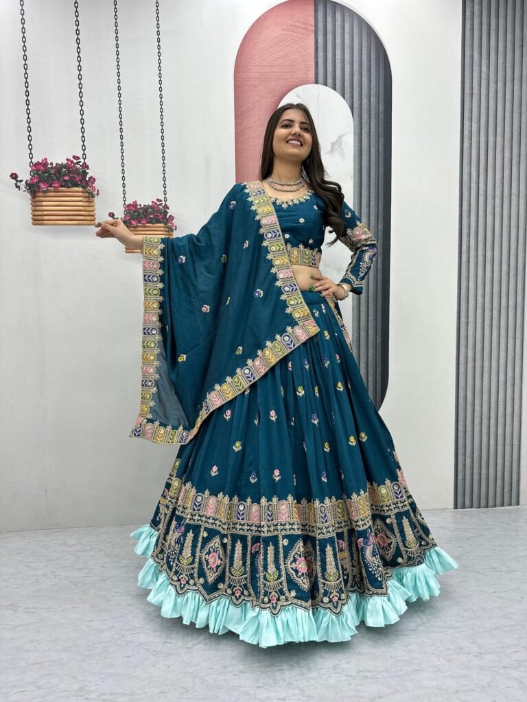 Teal Blue Embroidered Lehenga Set with Asymmetric Dupatta - Photo 2