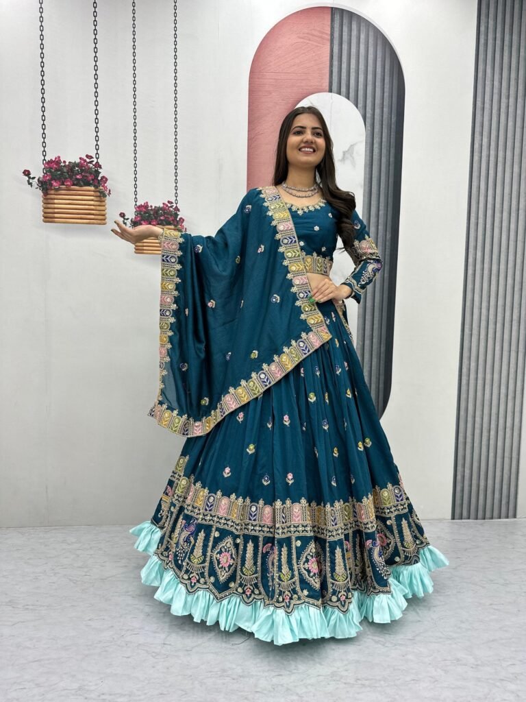 Teal Blue Embroidered Lehenga Set with Asymmetric Dupatta - Photo 3