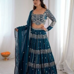 Teal Blue Embroidered Lehenga Choli Set with Dupatta