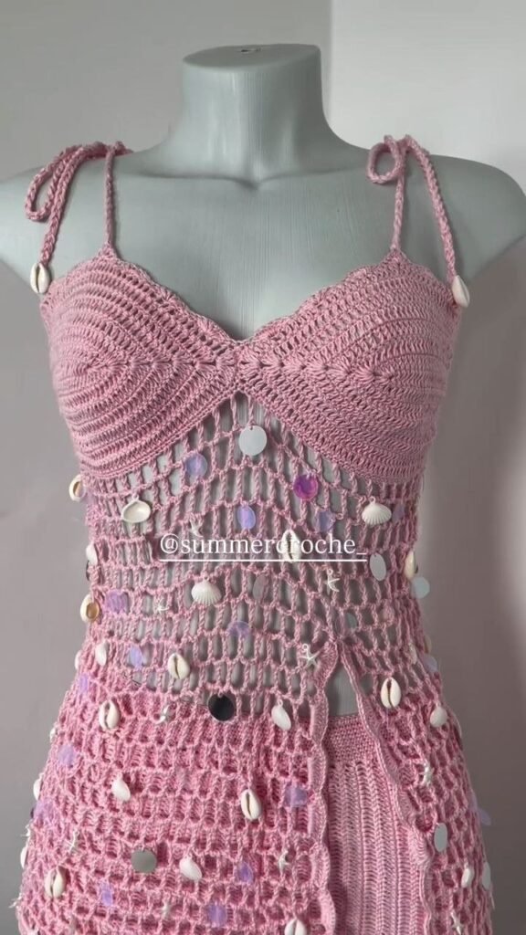 Pink Crochet Shell Embellished Mini Dress - Photo 2