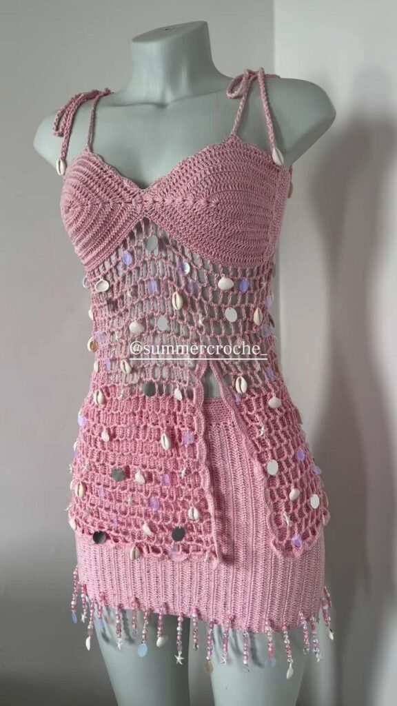 Pink Crochet Shell Embellished Mini Dress - Photo 3
