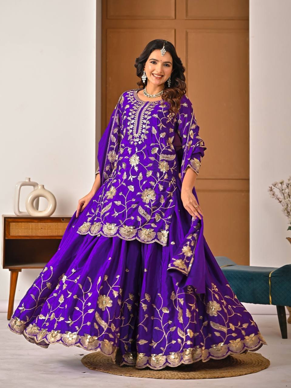 Purple Chinon Silk Embroidered Salwar Suit - Image 2