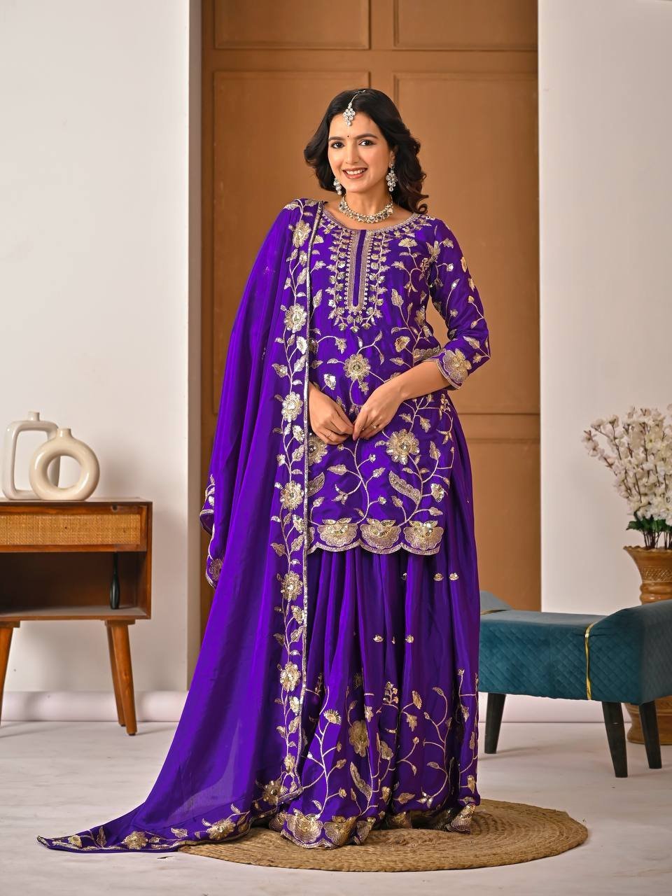 Purple Chinon Silk Embroidered Salwar Suit - Image 4