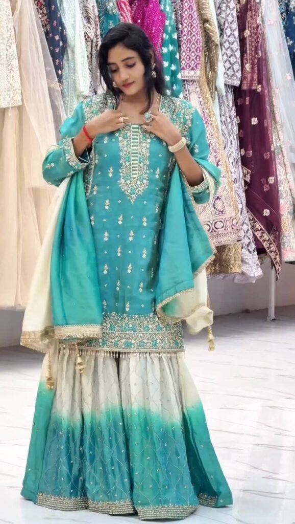 Teal Embroidered Kurta with Ombre Sharara and Dupatta Set - Photo 1