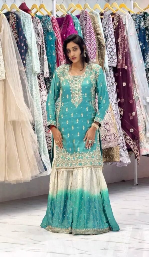 Teal Embroidered Kurta with Ombre Sharara and Dupatta Set - Photo 2