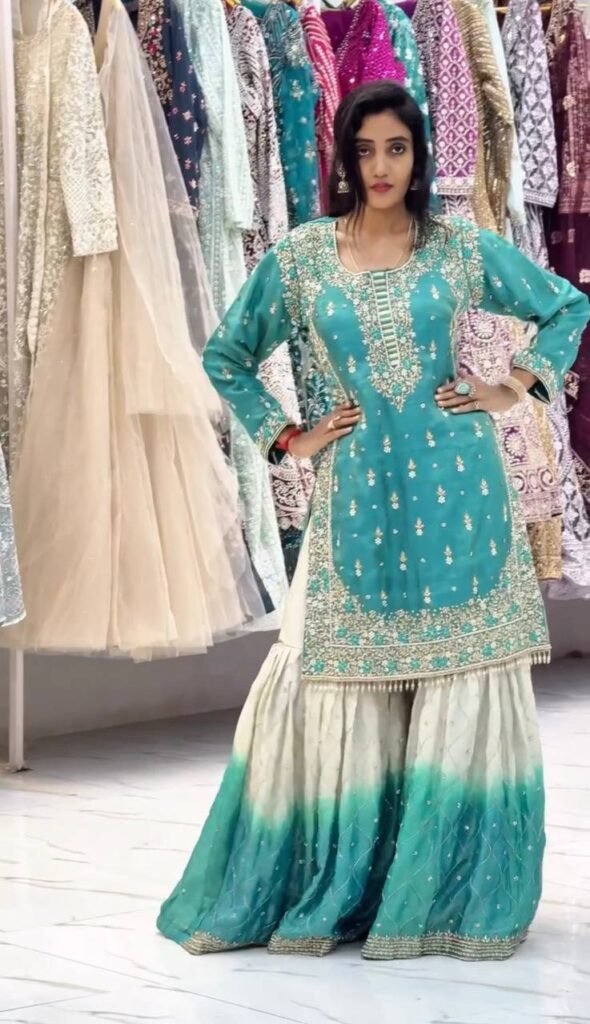 Teal Embroidered Kurta with Ombre Sharara and Dupatta Set - Photo 3
