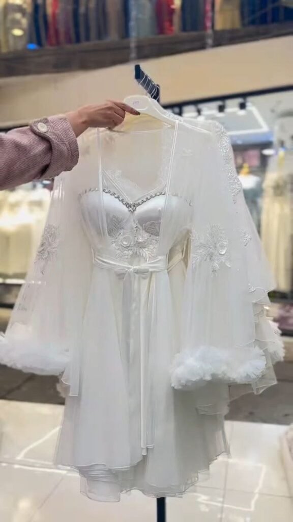 Ivory Lace-Trim Bridal Robe with Sheer Layered Sleeves - Photo 2