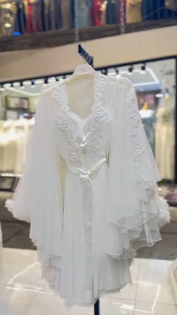 Ivory Lace-Trim Bridal Robe with Sheer Layered Sleeves - Photo 3