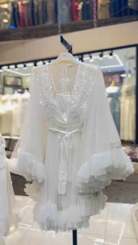 Ivory Lace-Trim Bridal Robe with Sheer Layered Sleeves - Photo 5