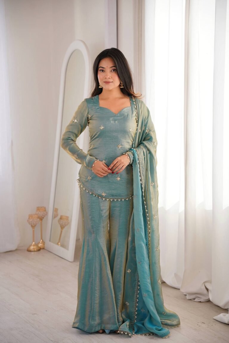 Elegant Teal Embroidered Kurta Set with Flared Pants and Dupatta