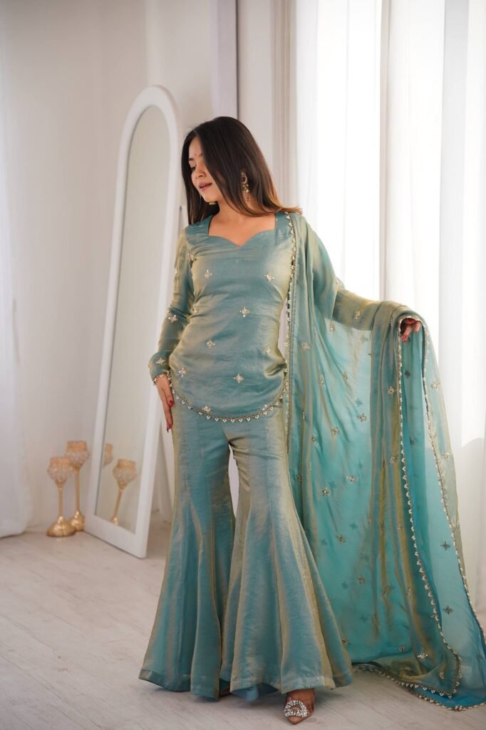 Elegant Teal Embroidered Kurta Set with Flared Pants and Dupatta - Photo 2