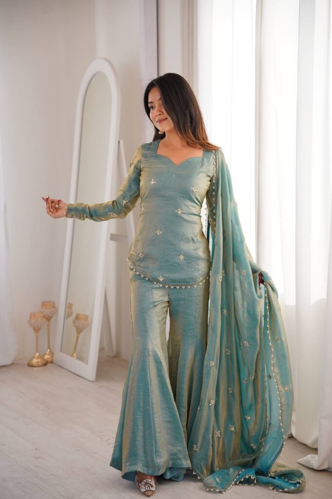 Elegant Teal Embroidered Kurta Set with Flared Pants and Dupatta - Photo 3