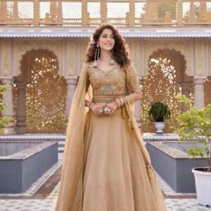Beige Crunchy Silk Heavily Embroidered Lehenga Choli
