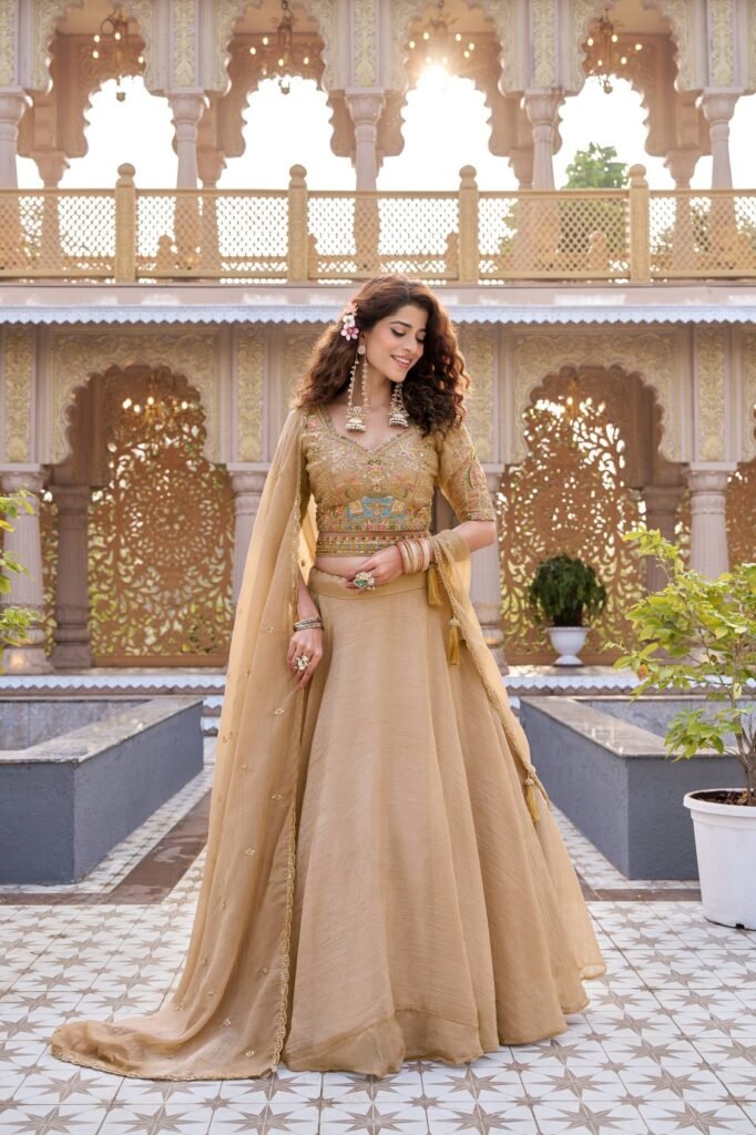 Beige Crunchy Silk Heavily Embroidered Lehenga Choli - Photo 3