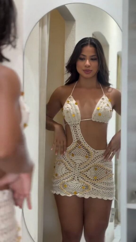 Ivory Crochet Cut-Out Beach Mini Dress with Floral Accents - Photo 1